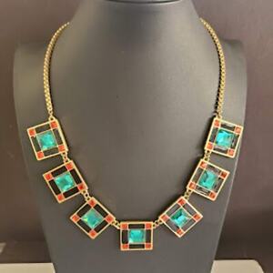 Kate Spade Stained Glass Statement Necklace Gold Plated Red Teal and Black