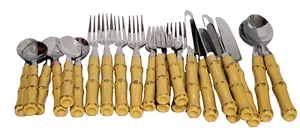 Bamboo Style Handle Stainless Steel Flatware 23 Piece Set Tiki - Picture 1 of 7