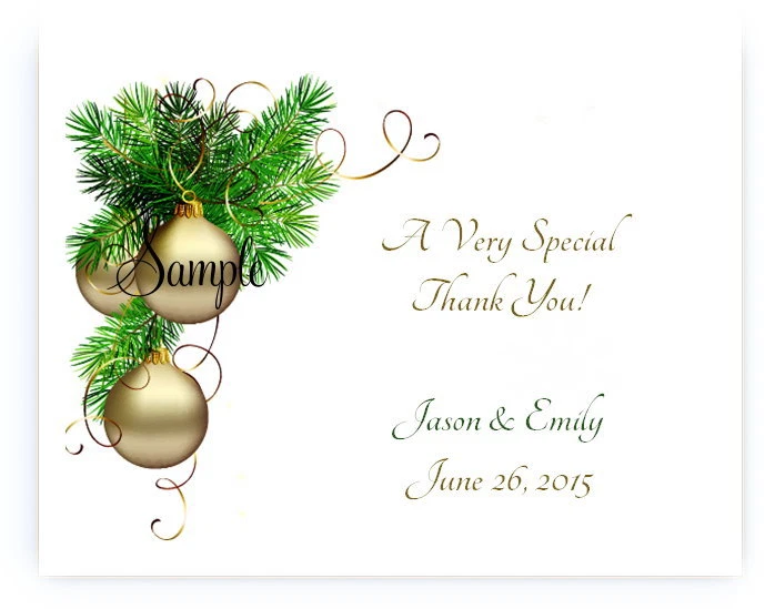 100 Personalized Custom Gold Christmas Bulb Wedding Bridal Thank You Cards - Image 1 of 1