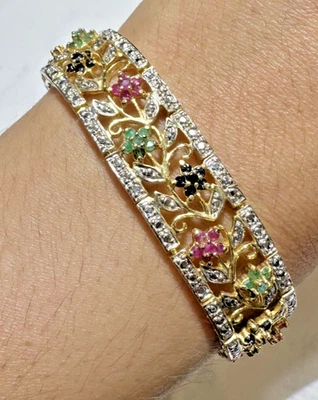 Neu 18k Gold P Silber Blau Saphir Rot Rubin Grün Smaragd 26gTennis 7 " Armband - Bild 1 von 4