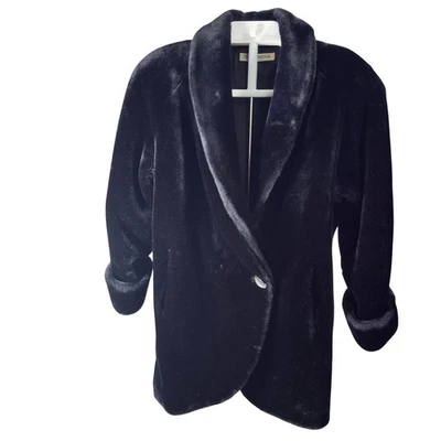 Abrigo Donnybrook Vintage Imitación Piel Brillante Negro Forrado Acogedor Chal Cuello Gorpcore Foto 1 de 4