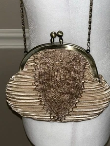 Beautiful Satin Rose Gold Beaded Evening Bag Clutch Kisslock Chain Strap - Picture 1 of 7