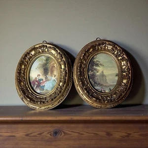 VTG Italian Pair of Miniature Oval Ornate Framed Victorian Style Pictures Wall - Picture 1 of 8