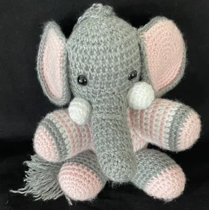 8" Handmade Crochet Gray Yarn Elephant Stuffed Animal - Picture 1 of 8