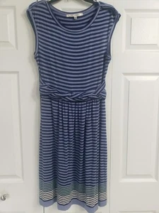 MAX STUDIO Blue Striped Belted Knit Dress Sz L Summer Beach Travel Rayon Blend - Picture 1 of 7