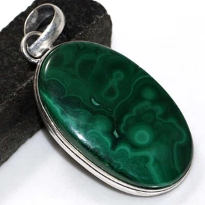 Malachite 925 Silver Plated Gemstone Pendant 2.1" Chunky Jewelry GW - Picture 1 of 3