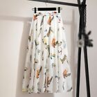 Womens Floral Chiffon Skirt Elastic High Waist Tulle Midi Skirt Boho Beach Skirt