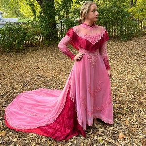 70s Alfred Angelo Victorian illusion lace ruffle pink red wedding dress MED? - Picture 1 of 16