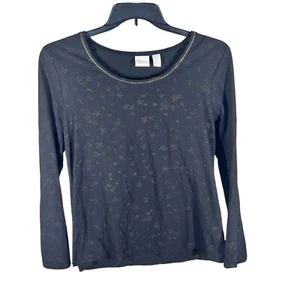 Chico’s Zenergy Womens Sz 2(L) Long Sleeve Black Gold Fading Star Sparkly Top - Picture 1 of 6