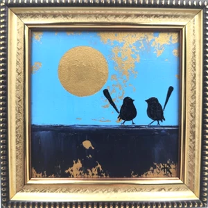Original Oil Painting, Two Little Birds, Gold Home Decor 5x5in Framed - Picture 1 of 9