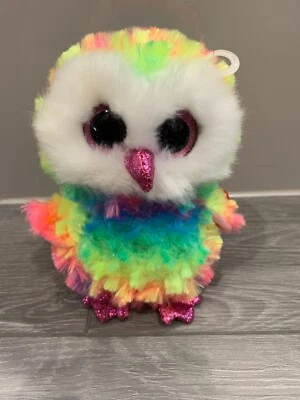 Ty Beanie Boos Owen Owl Rainbow Multicoloured Neon Pink Glitter 6 Inch - Image 1 of 2