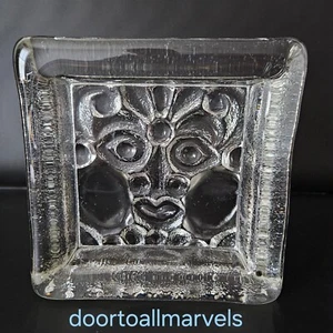 VTG Skruf Sweden Viking Face Heavy Block Square Crystal Dish '70s Lars Hellsten - Picture 1 of 8