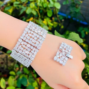 Brazalete ancho de trabajo pesado plateado circonita cúbica grande ovalado con racimo de caída para mujer - Imagen 1 de 13