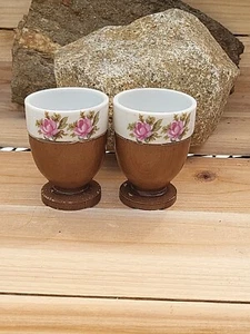 Vintage Porcelain and Wood Egg Cups Rose Design Set of 2 - Picture 1 of 4