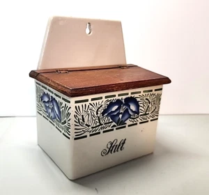 Vintage Germany Blue And Green Hanging Salt Box with Wood Hinged Wooden Lid - Picture 1 of 7
