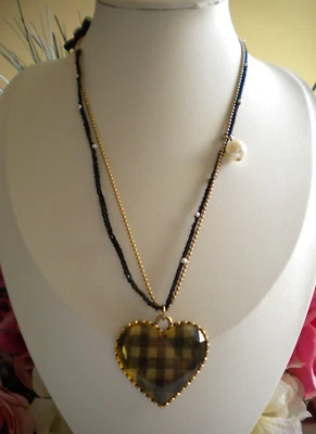 BETSEY JOHNSON RARE VINTAGE CHECK BLACK AND WHITE TWO STRAND HEART NECKLACE - Image 1 of 4