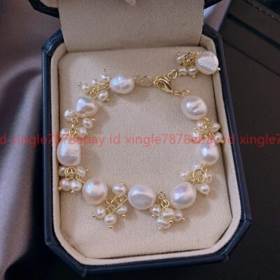 Genuine Natural 11-12mm White Freshwater Baroque Pearl Beads Bracelet 6-9'' - Image 1 of 4
