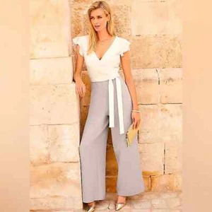 Kaleidoscope Women's Gray V-Neck Frill Evening Jumpsuit - Picture 1 of 3