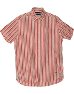 TOMMY HILFIGER Mens Short Sleeve Shirt Medium Red Striped Cotton BS02 - Picture 1 of 3