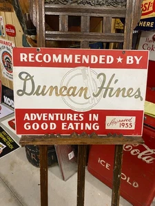 1955 Duncan Hines insegna doppia faccia metallo 24" x 16" GAS OIL SODA COLA FOOD TRAVE - Foto 1 di 17