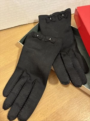 Vintage Sears Women’s Black Gloves Faux Seed Pearls On Bows Size S Original Box - Image 1 of 4