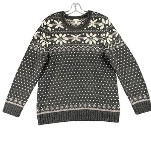 LL Bean Sweater Womens L Lambswool Gray Fair Isle Work Office Thick Chunky Warm - Picture 1 of 8