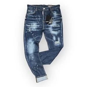 New DSQ2 Men's Stretchy Washed Ripped Slim Fit Dark Blue Jeans - Picture 1 of 4