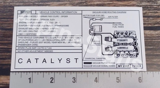 Ferrari F430 Coupe Catalyst My 2007 231039 Air Cleaner Emission Label Sticker - Image 1 of 1