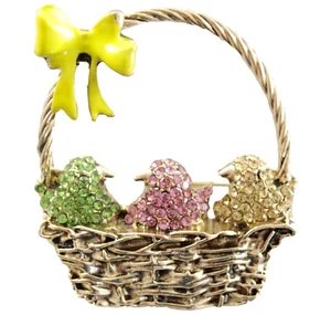 PIN BROCHE 2" NUEVO SIN ETIQUETAS ESTILO DISEÑADOR CRISTAL ESTRÁS 3 POLLITOS EN CESTA DE PASCUA - Imagen 1 de 15
