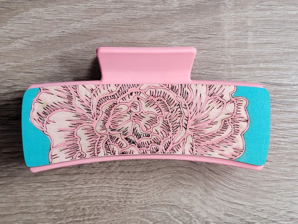 Hand Painted Laser Cut Wood Claw Clip Pink Peony 4.1" - Image 1 of 1