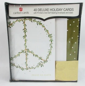 40 Deluxe Holiday Greeting Cards Peace on Earth sign Wreath Xmas Envelopes - Picture 1 of 2