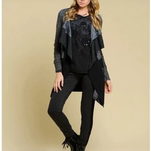 ANGELS NEVER DIE Mixed Media Ruffle Front Cardigan Jacket Black Gray Size Large - Picture 1 of 13