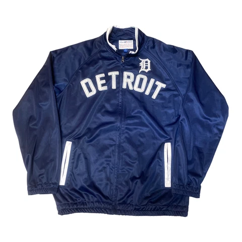 Detroit Tigers MLB Full Zip Satin Track Jacket Navy Blue Embroidered Men’s M Cover