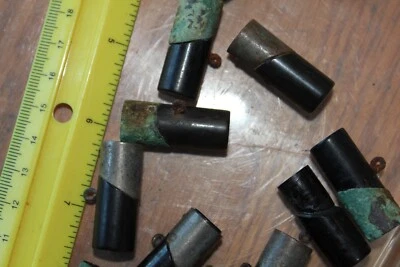 6 Black Bakelite Toggle buttons Vintage barrel shape with Brass wrapped ends  - Image 1 of 4