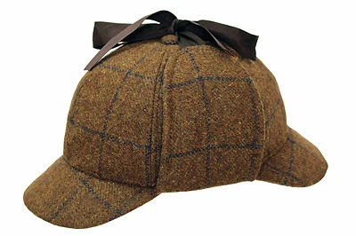 DH Braun 100 % Wolle Country Tweed Sherlock Holmes Deerstalker Jagd Tropfenohren Hut