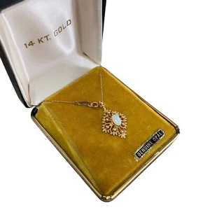 14K Gold Gelbgold natürlicher ovaler Opal Anhänger Halskette 18" Kette filigran - Bild 1 von 6