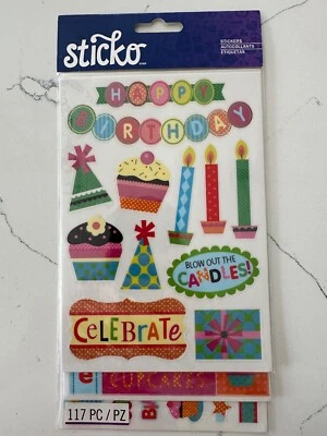 Sticko Autocollant Birthday Flip Pack 117PC Cake Candles Banners ABC's Scrapbook - Image 1 of 4