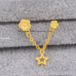 Pure 999 24K Yellow Gold Women Double Ear Hole Chain Flower Single Stud Earrings - Picture 1 of 10