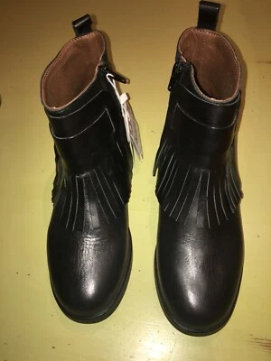 Zara LEATHER Black Fringe Booties Size 4 Euro 36 (NEW) - Image 1 of 4