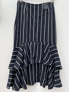 NEW M&S Size 10 R Navy White Stripe Layered Midi Skirt W28 L30  - Picture 1 of 7