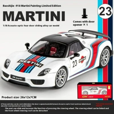 1/18 Porsche 918 Spyder Martini Alloy Diecast Model Racing Sports Car Kids Toys - Image 1 of 4
