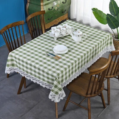 Square Rectangle Check Tablecloth Embroidery Lace Trim Table Cover Home Picnic - Image 1 of 4
