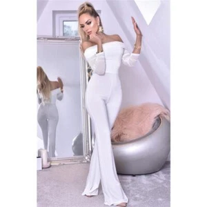 Damen Overall Jumpsuit mit Carmen-Ausschnitt Cremeweiß #OV509 - Picture 1 of 12
