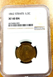 1862 Straits Settlements Queen Victoria 1/2 Cent Copper Coin NGC XF40. - Picture 1 of 9