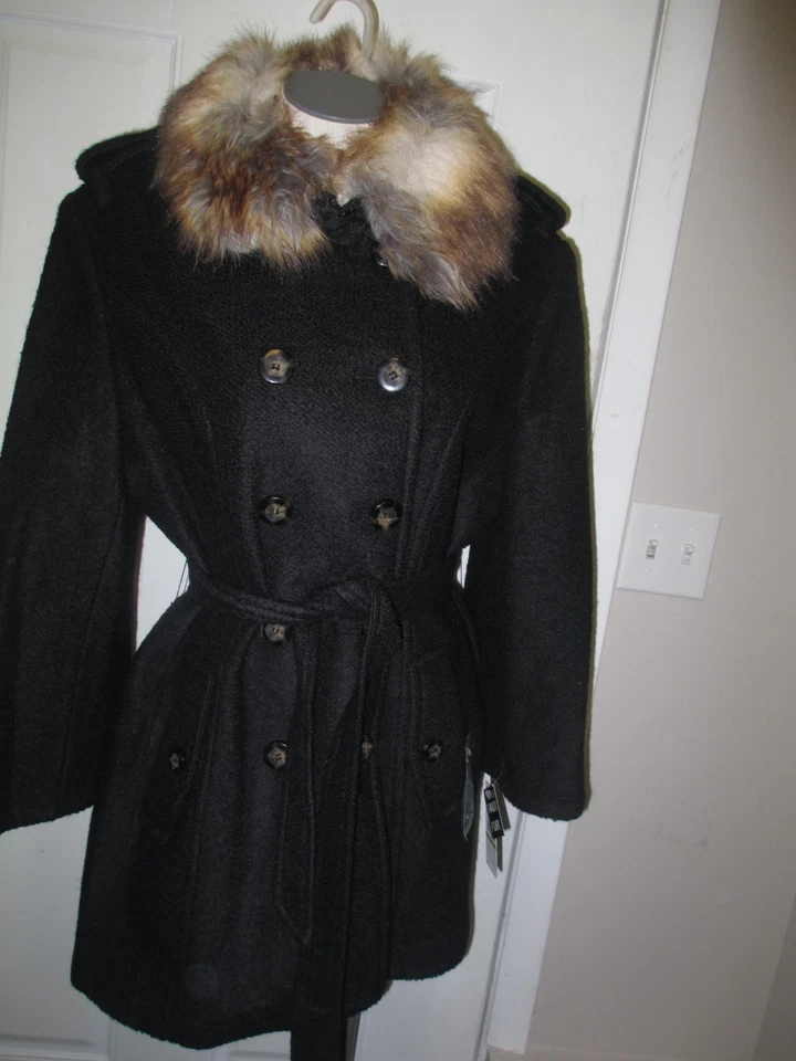 Laundry by Shelli Segal Belted Faux Fur Double Breasted Trench Coat 14 Black NWT - Imagem 1 de 1