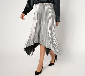 Susan Graver Regular Metallic Woven Pleated Skirt Silver XL New - Picture 1 of 1