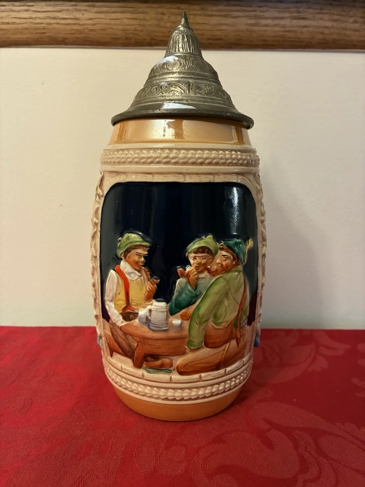 Vintage Gerz W Germany 9” Stein “Handgemalt” Drinking Beer Pipes Pewter Lid Blue - Image 1 of 4