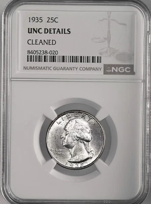 1935-P  25C WASHINGTON SILVER QUARTER  NGC UNC DETAILS "CLEANED" 8405238-020 - Image 1 of 4