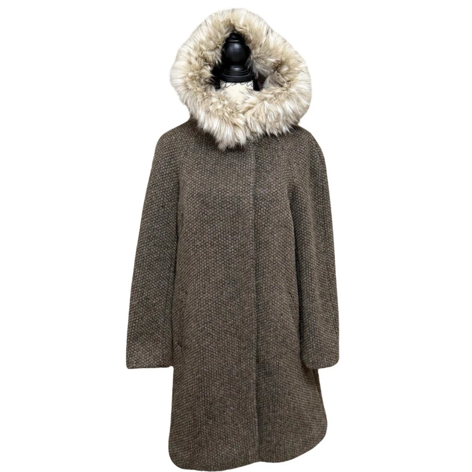 Eliza J Hooded Wool Coat Women’s M Brown Removable Fur Trim Snap Front NEW - Image 1 of 4