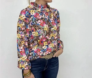 THML Women’s Floral Top W/ Puff Sleeves & Mandarin Collar Size XS - Picture 1 of 10